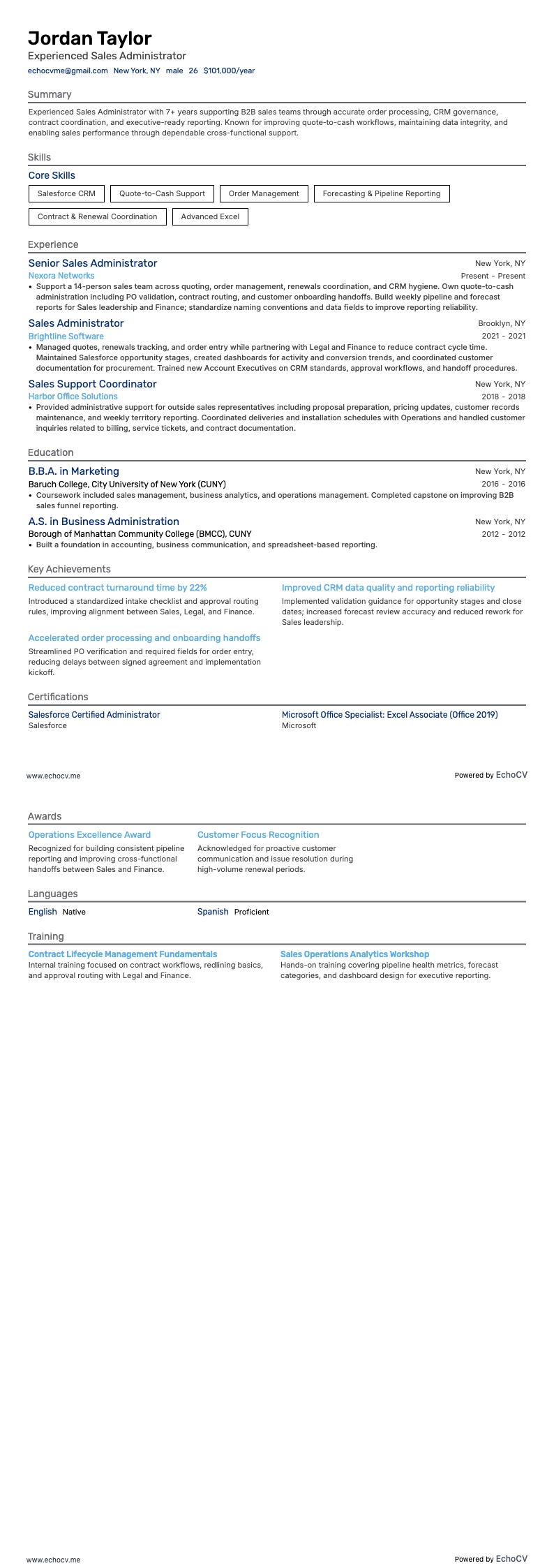 Administrador de vendas experiente example resume