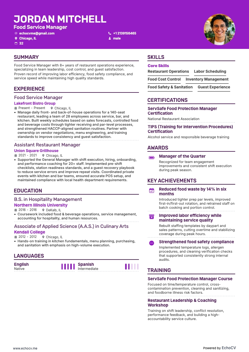 푸드서비스 매니저 example resume