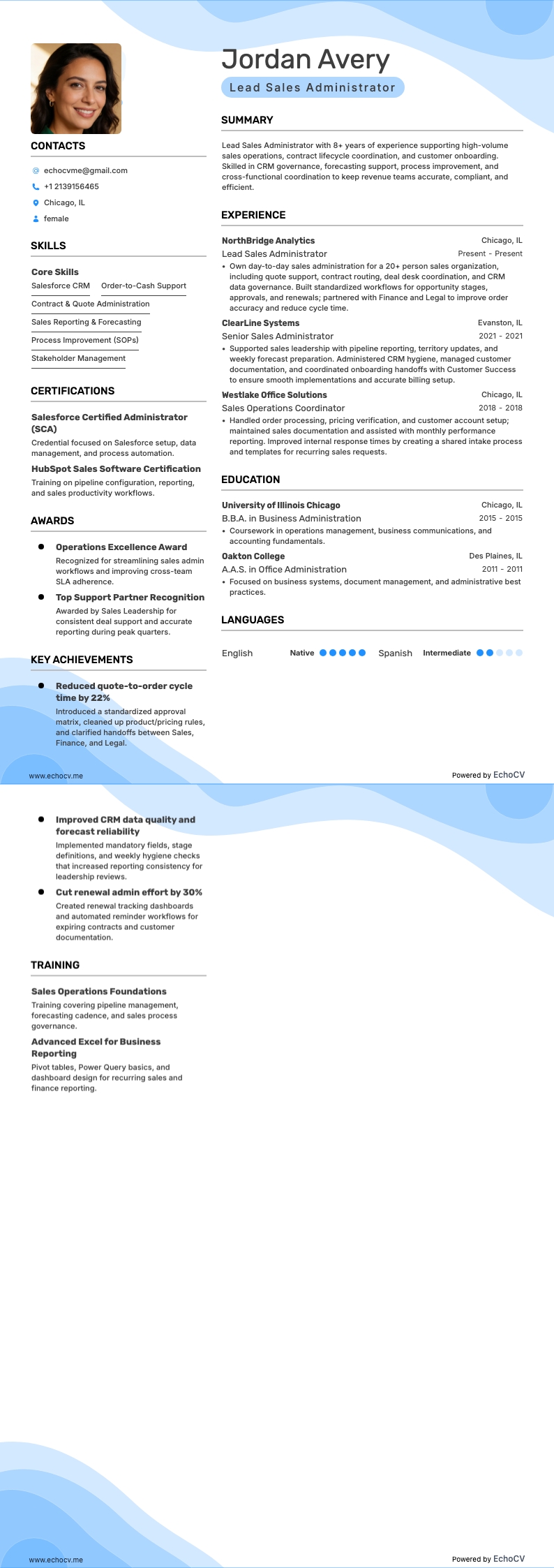 Administrador principal de vendas example resume