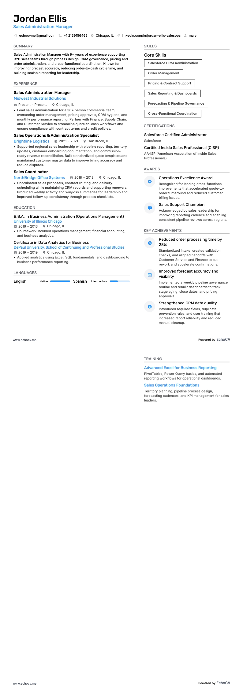Administrador de vendas resume example