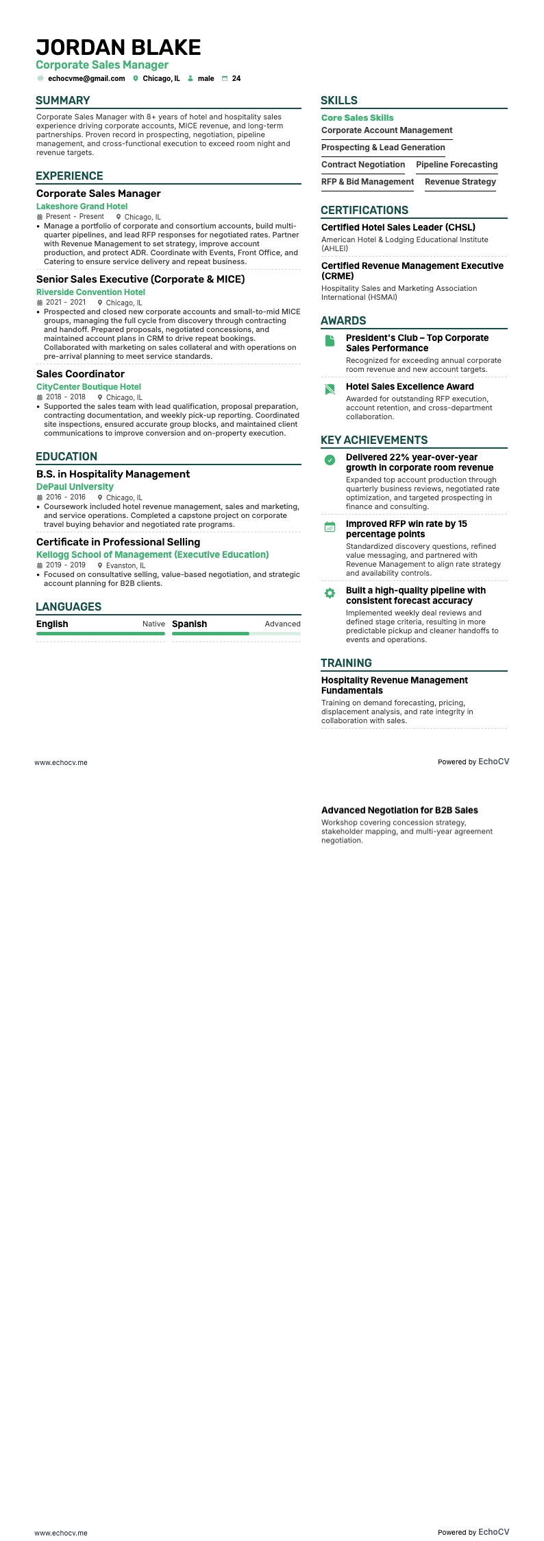 ホテル営業マネージャー resume example