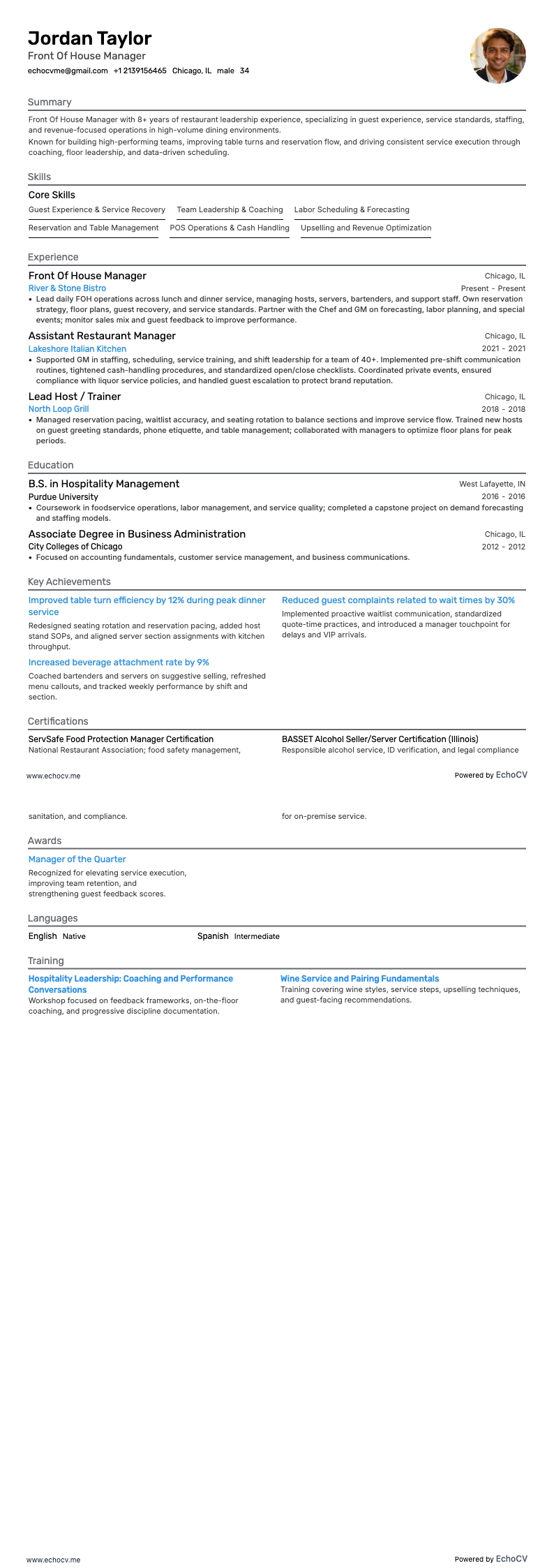 프론트 오브 하우스 매니저 example resume