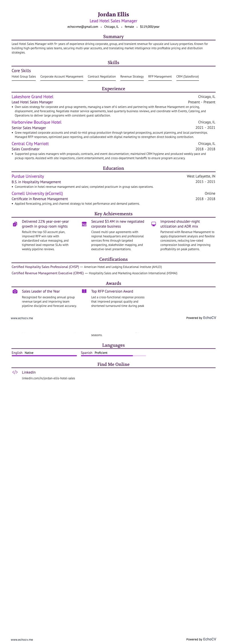 ホテル営業部門長 example resume