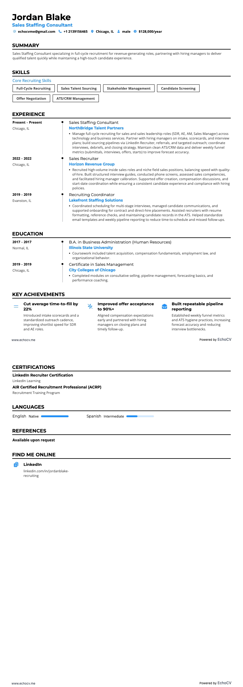 Sales Staffing Consultant example resume