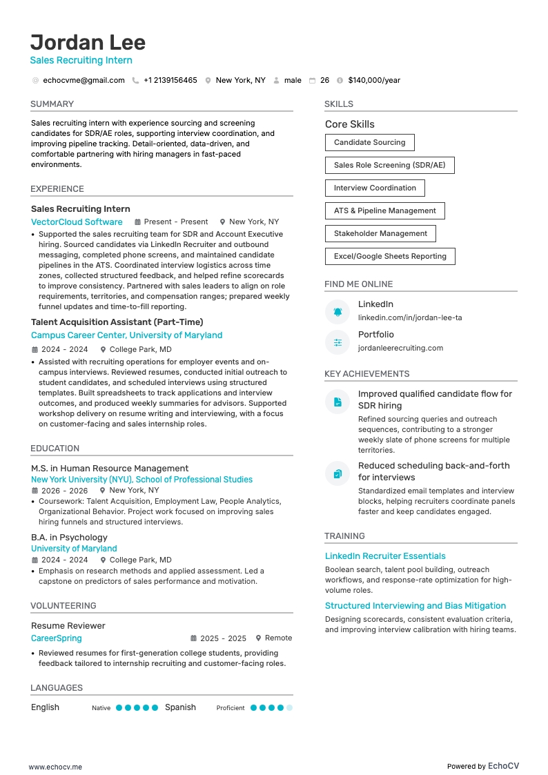 Sales Recruiting Intern example resume