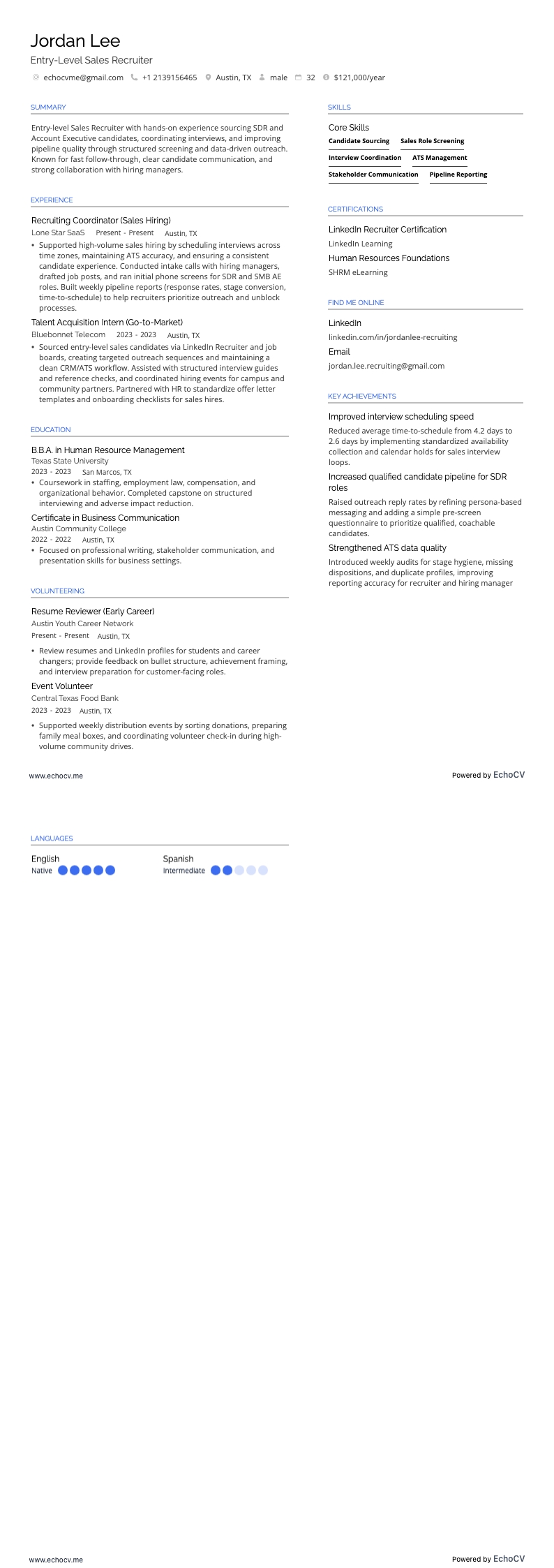 Sales Recruiter resume example