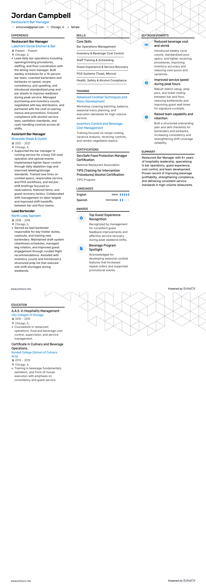 레스토랑 바 매니저 example resume