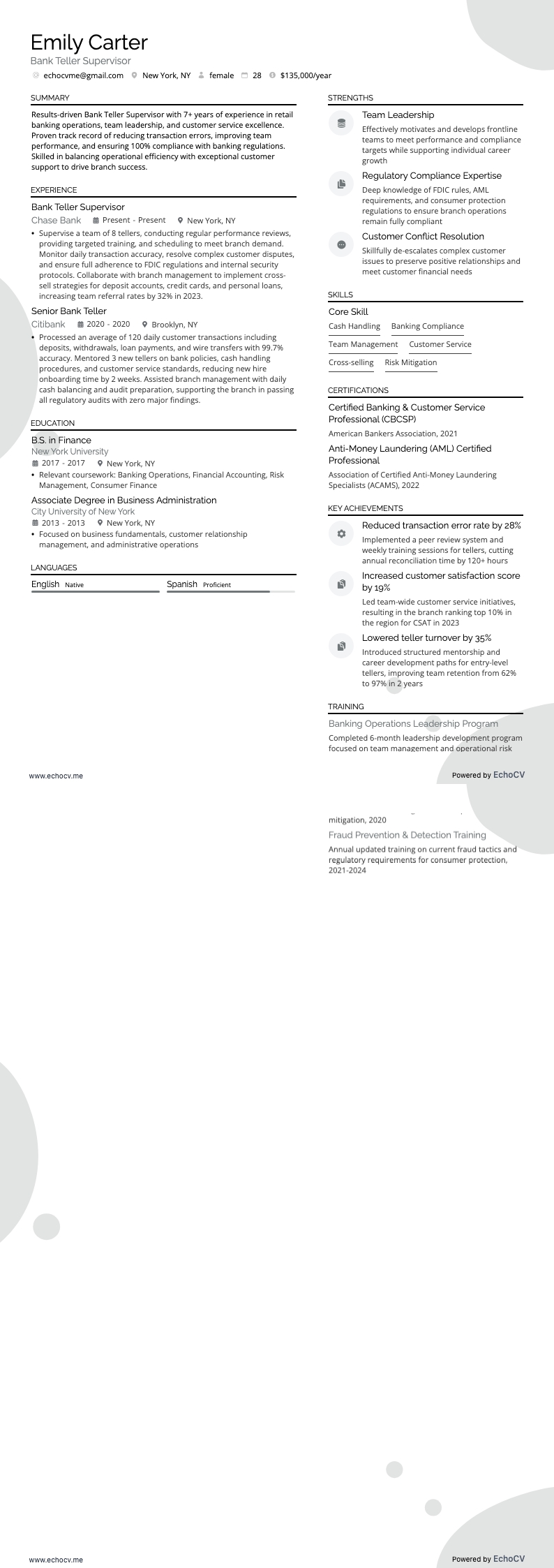 Bank Teller Supervisor example resume