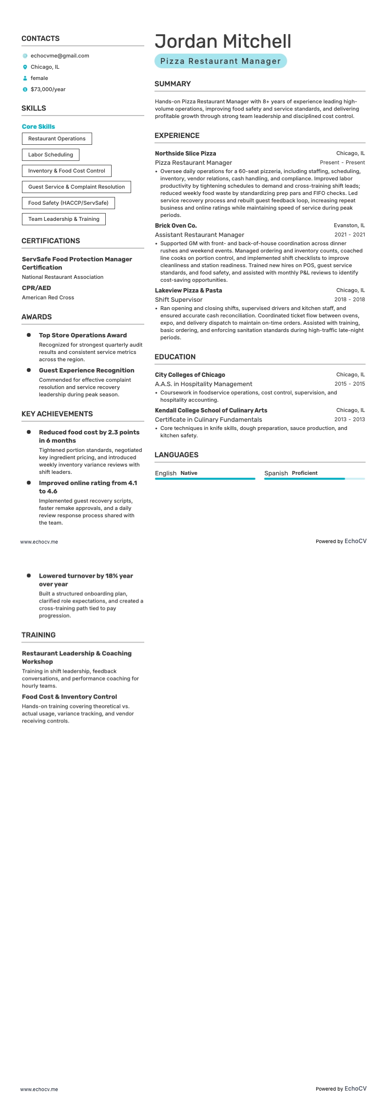 피자 레스토랑 매니저 example resume