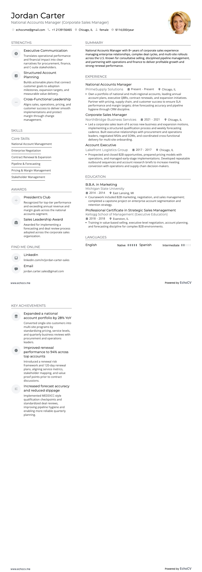 Gerente de Vendas Corporativas resume example