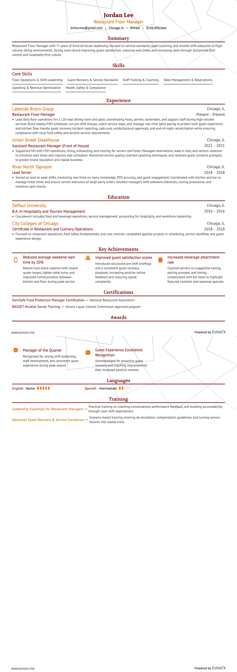 餐廳經理 resume example