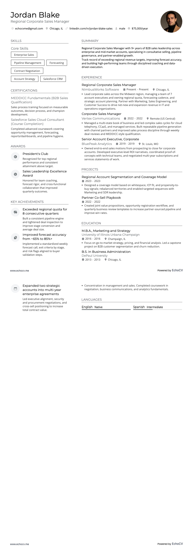 Regional Corporate Sales Manager resume example