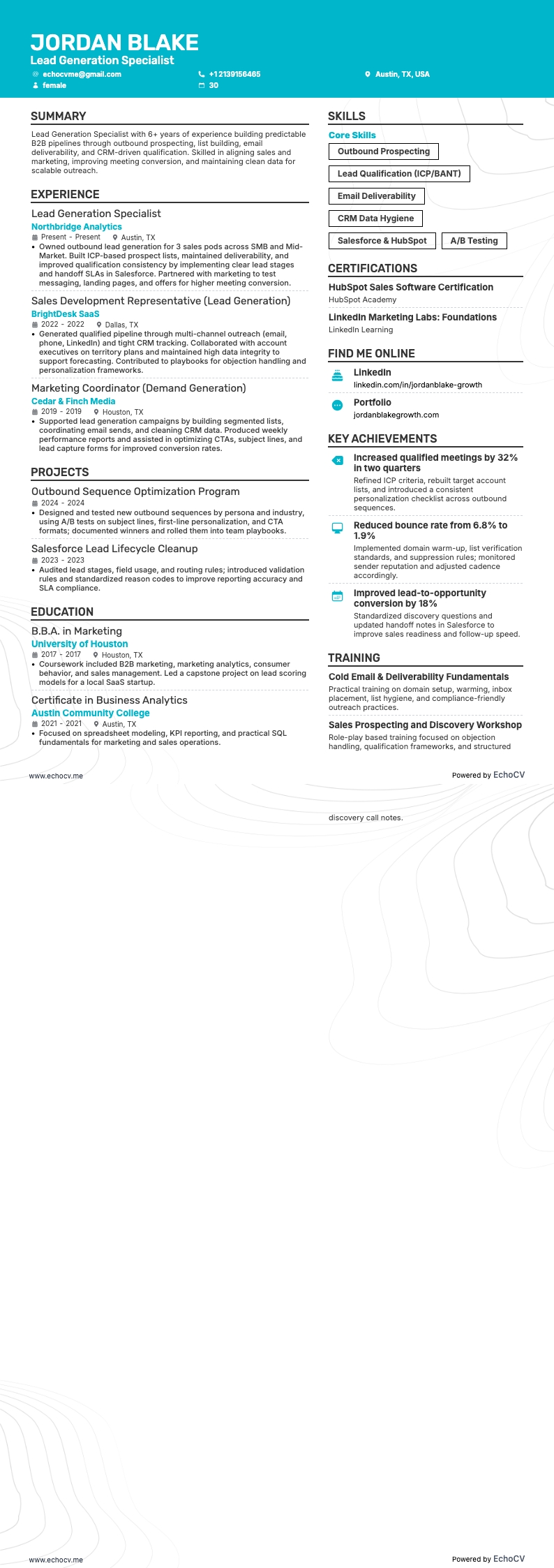 Specialista nella generazione di lead example resume