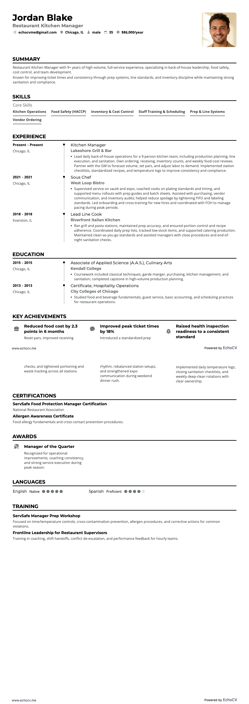 레스토랑 주방 매니저 example resume