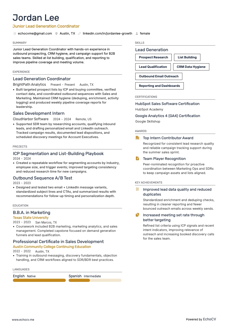 Coordinatore junior per la generazione di contatti example resume