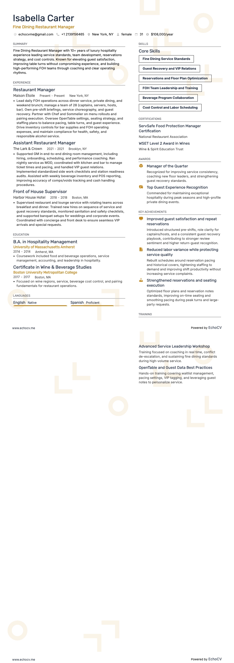 파인다이닝 레스토랑 매니저 example resume