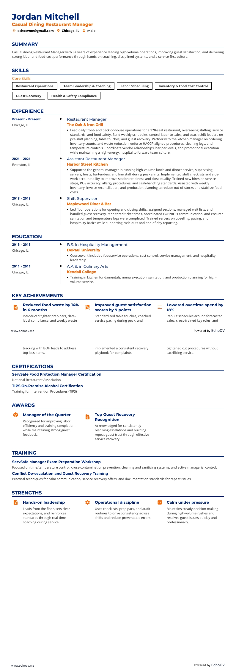 Directeur de restaurant resume example