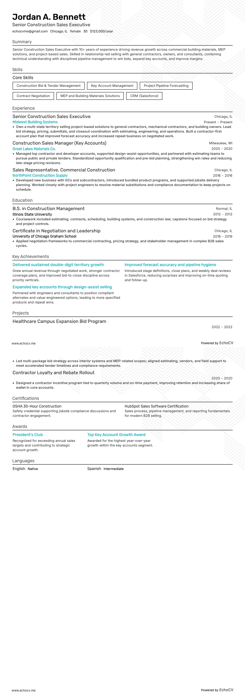 건설 영업 수석 임원 example resume