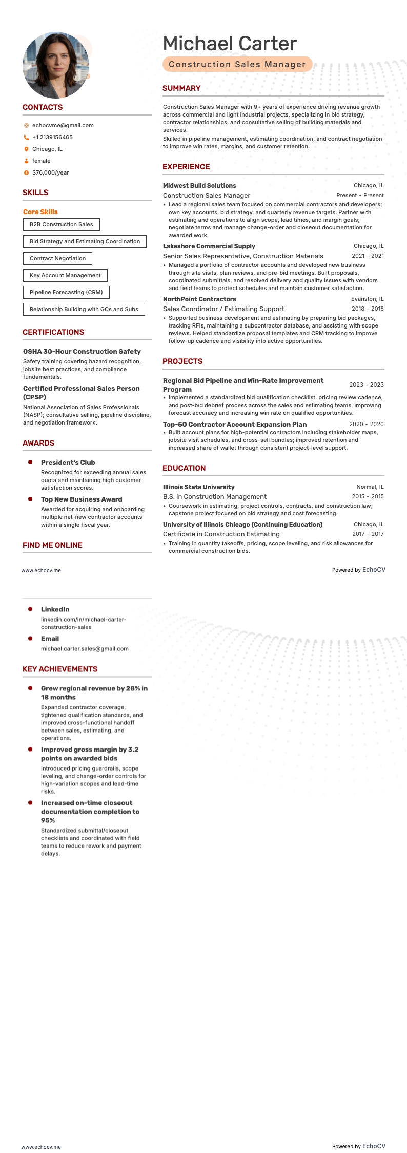 建筑销售经理 resume example