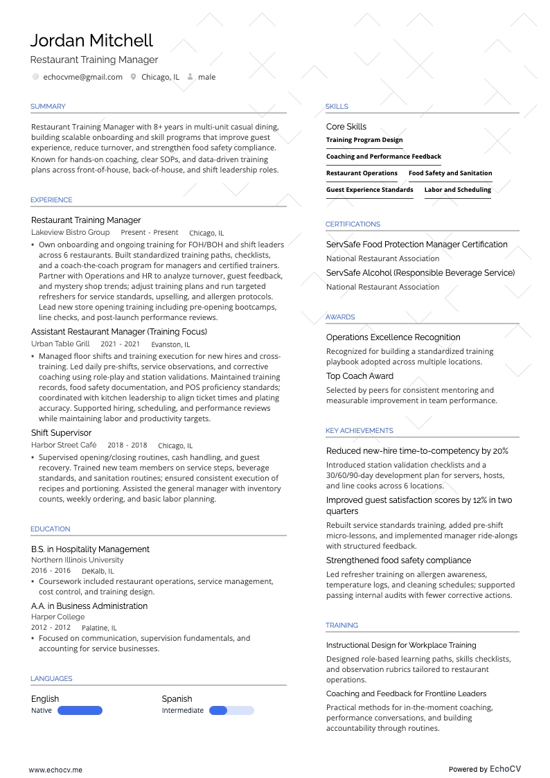 레스토랑 교육 매니저 example resume