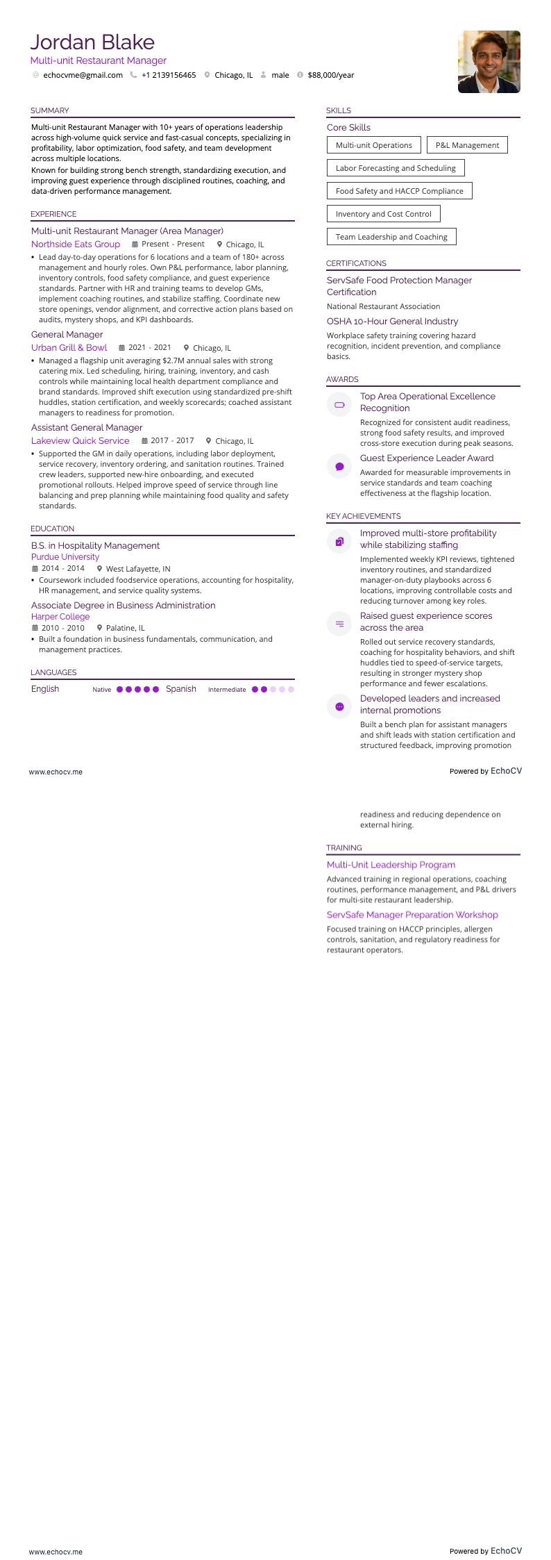 다점포 레스토랑 매니저 example resume