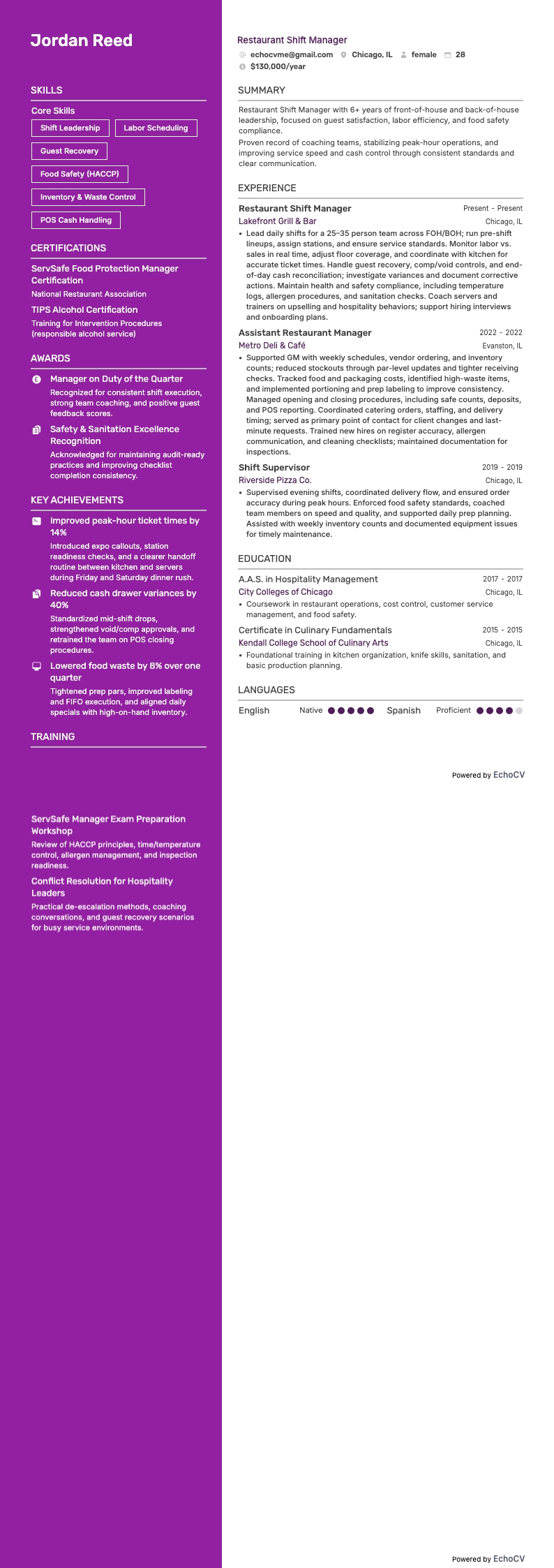 레스토랑 교대 관리자 example resume