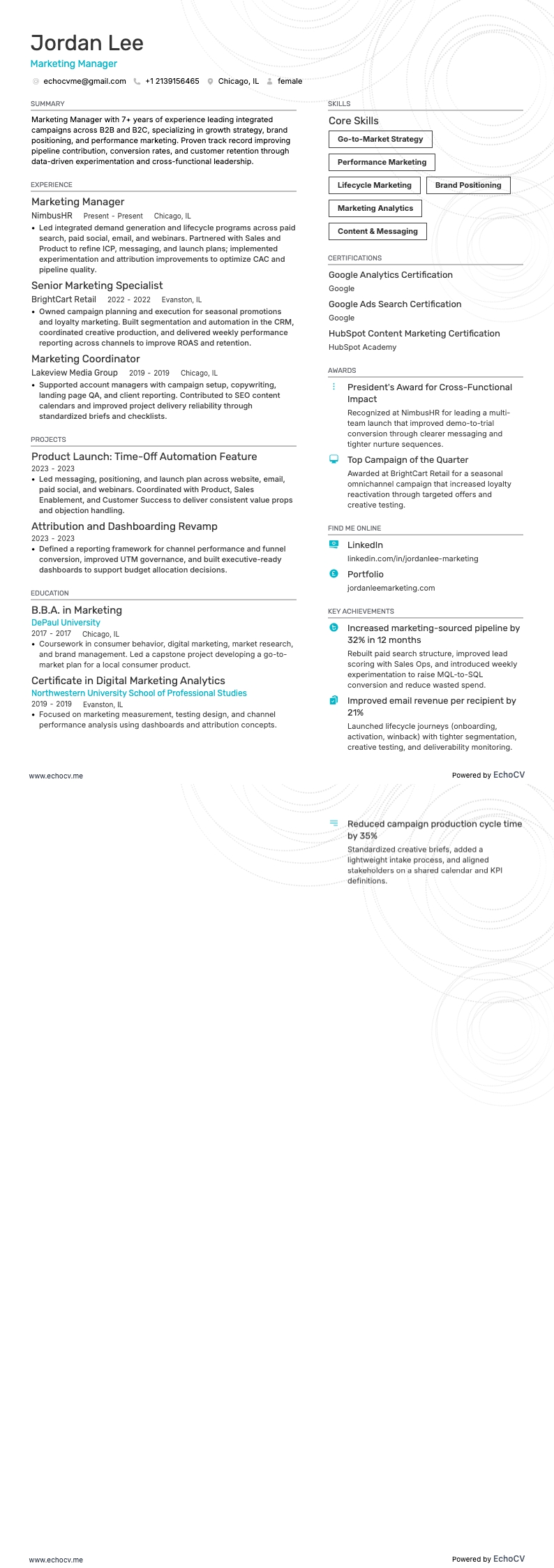 Marketing Manager example resume