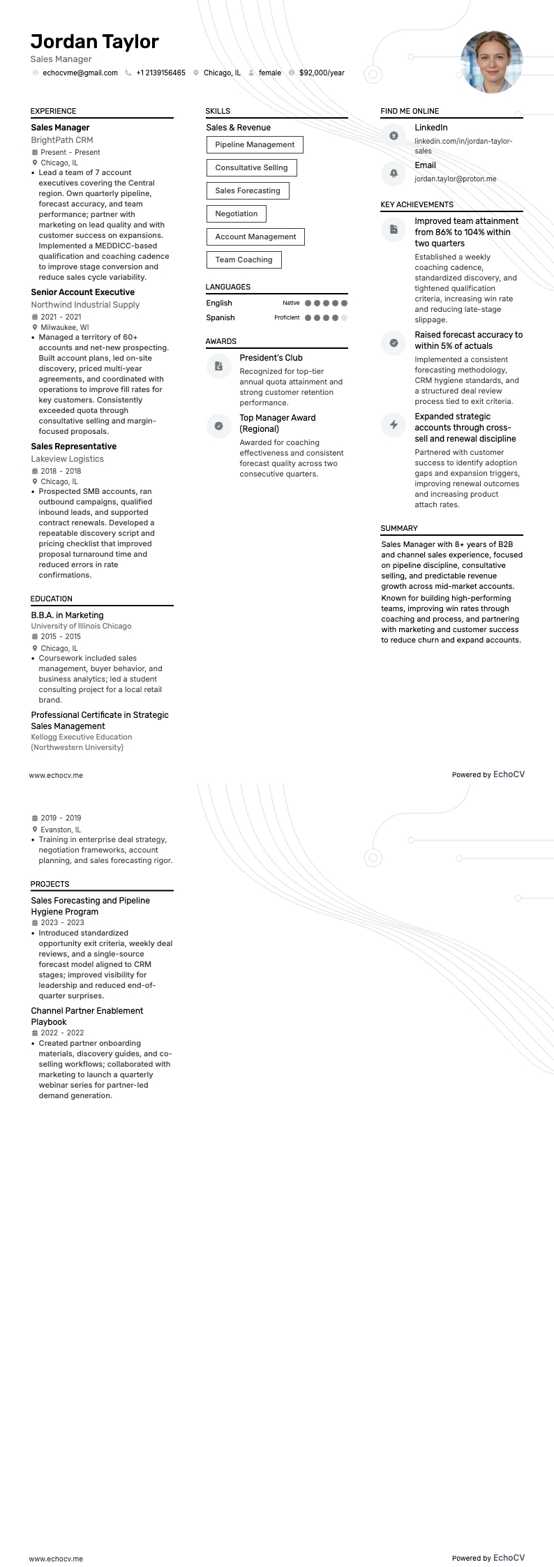 Sales Manager example resume