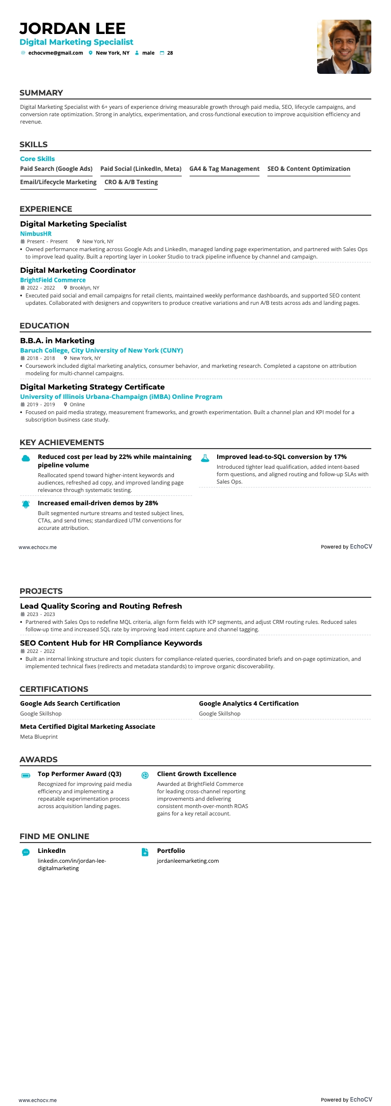 Digital Marketing Specialist example resume
