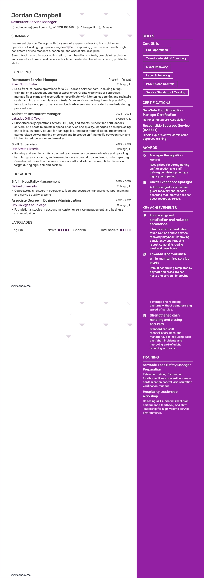 레스토랑 서비스 매니저 example resume