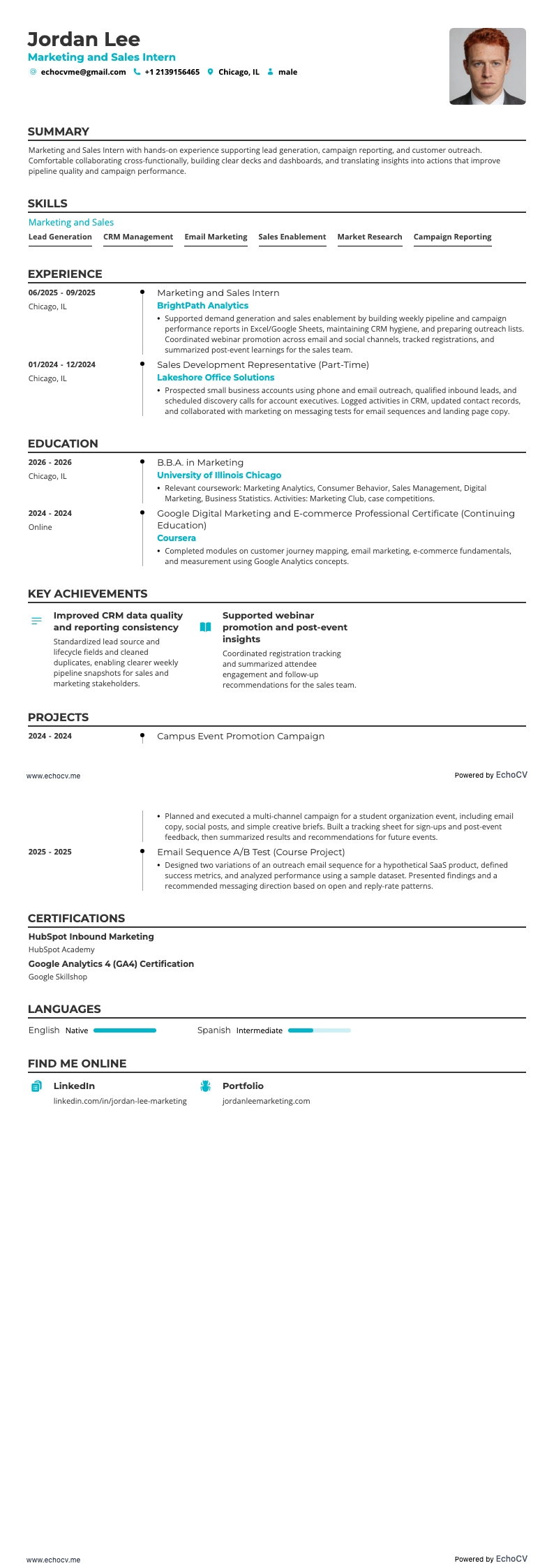 Marketing and Sales Intern example resume