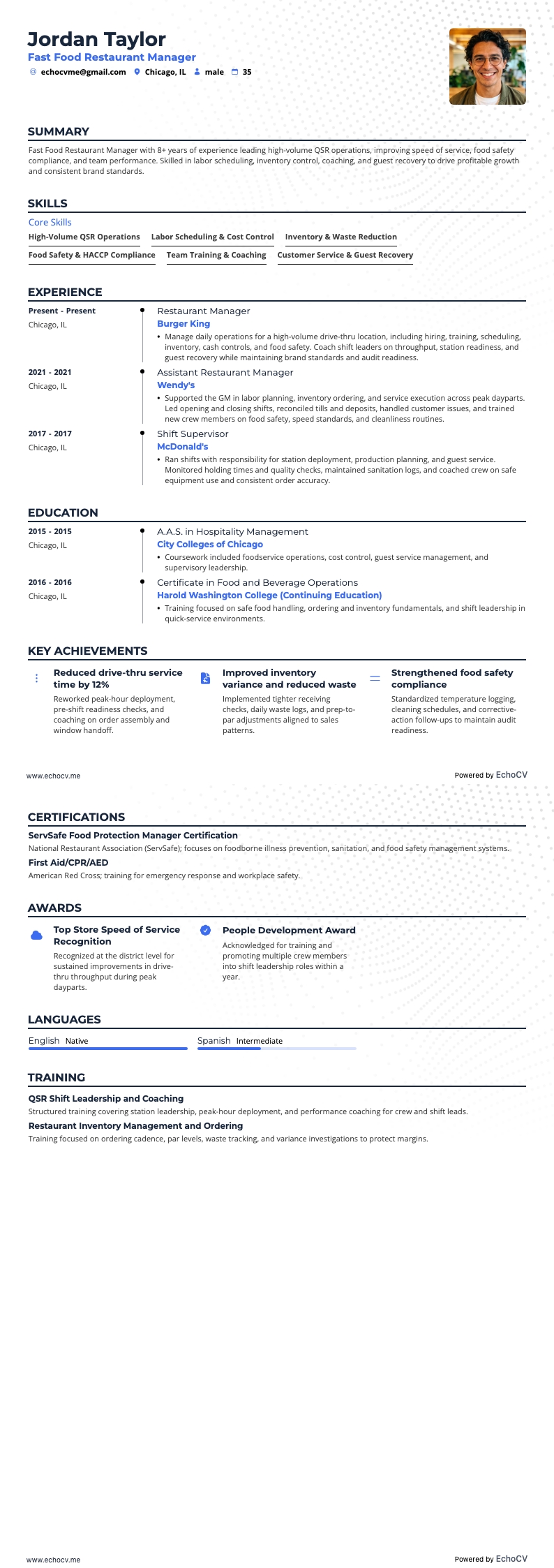 패스트푸드점 매니저 example resume