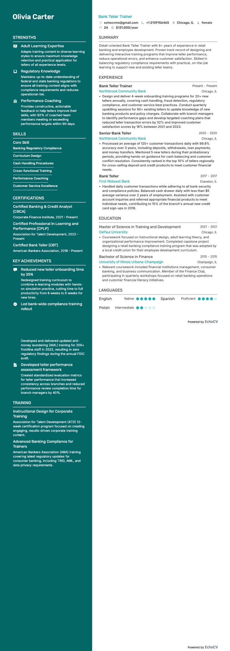 Bank Teller Trainer example resume