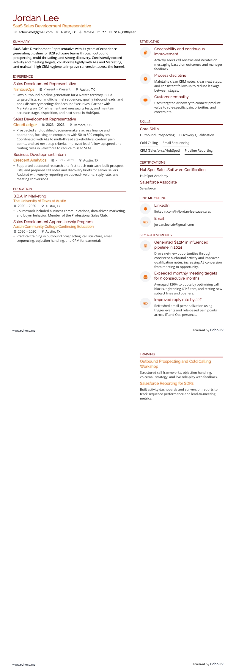 SaaS Sales Development Representative example resume