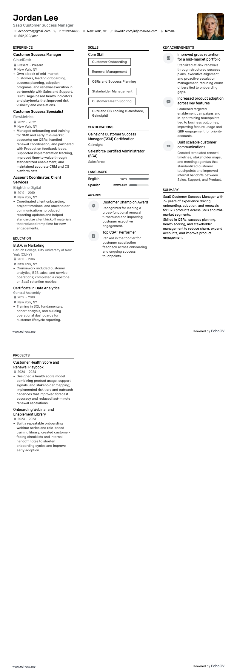 SaaS Customer Success Manager example resume