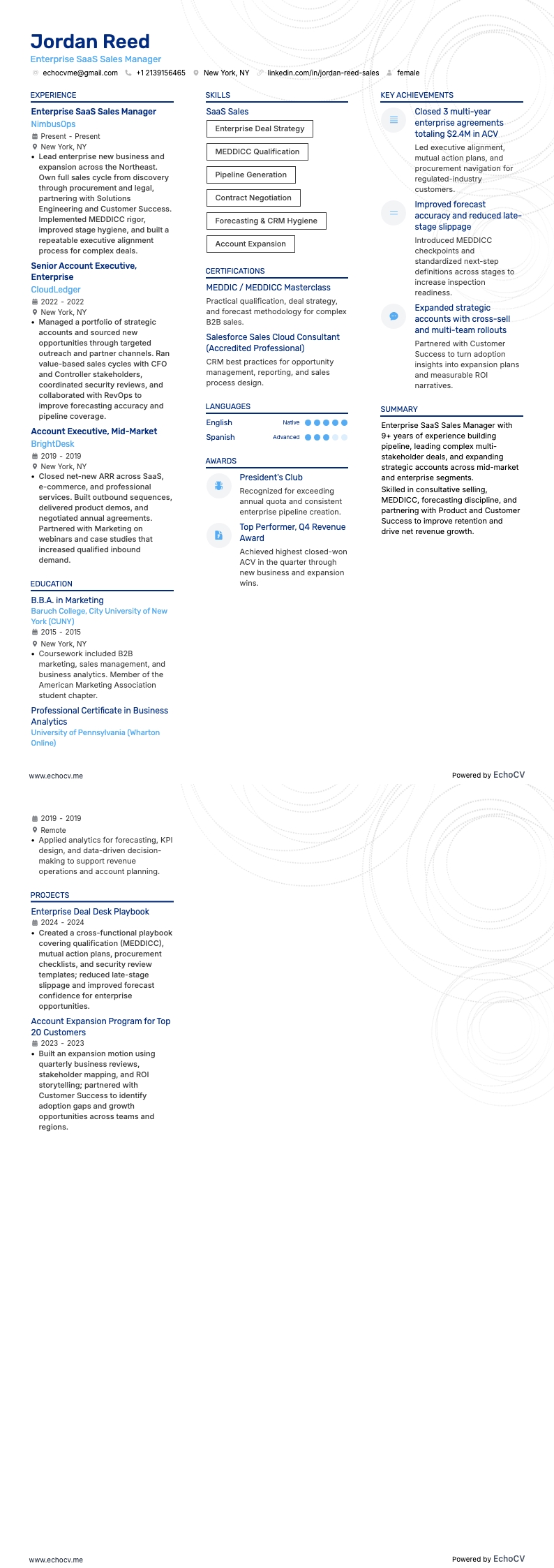 Enterprise SaaS Sales Manager example resume