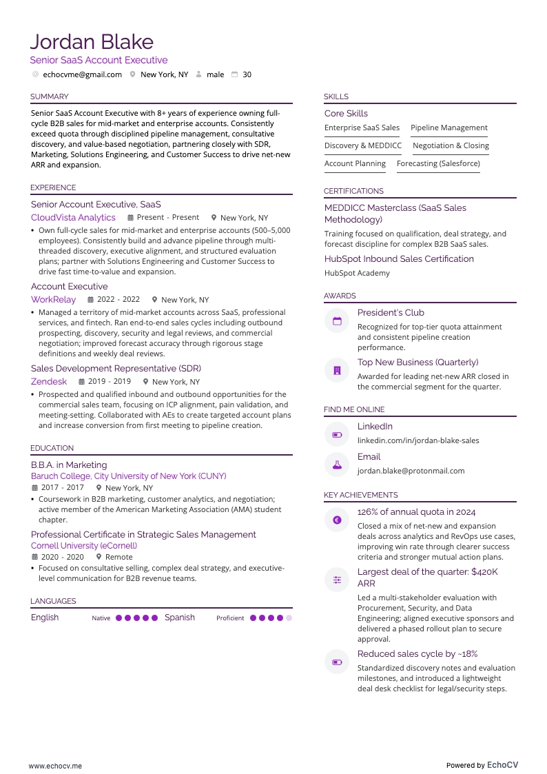 Senior SaaS Account Executive example resume