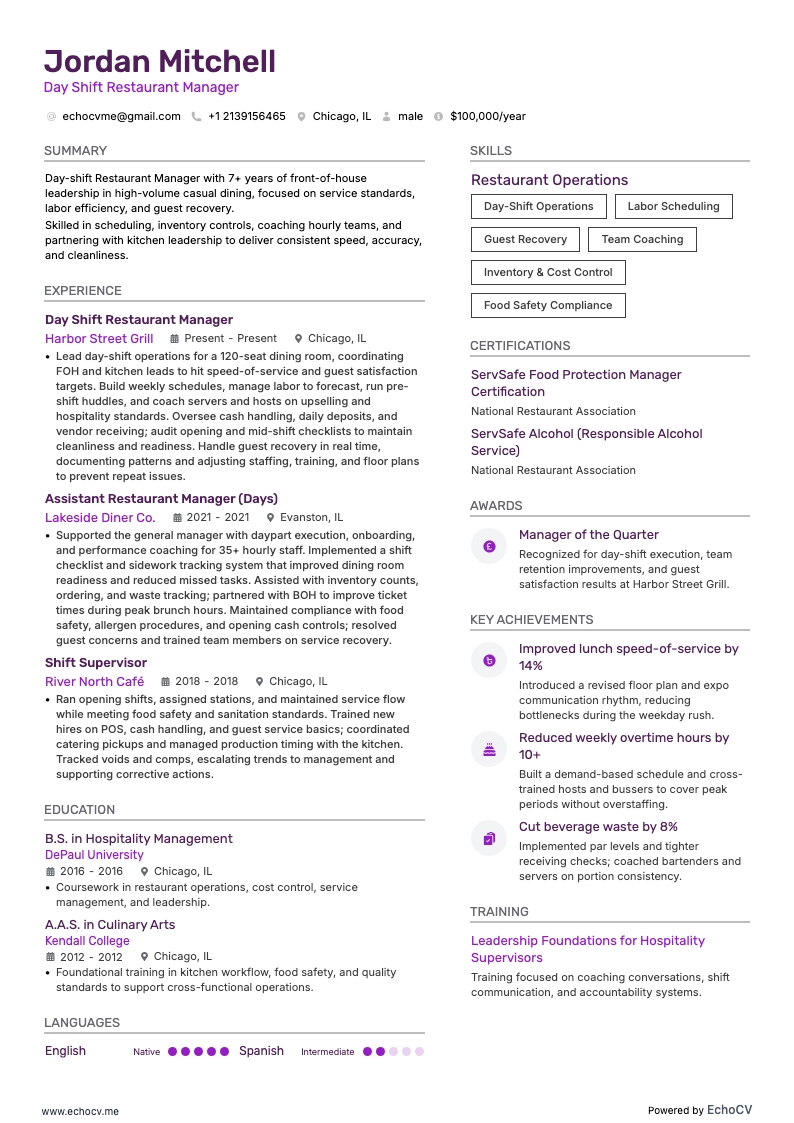 日勤レストランマネージャー