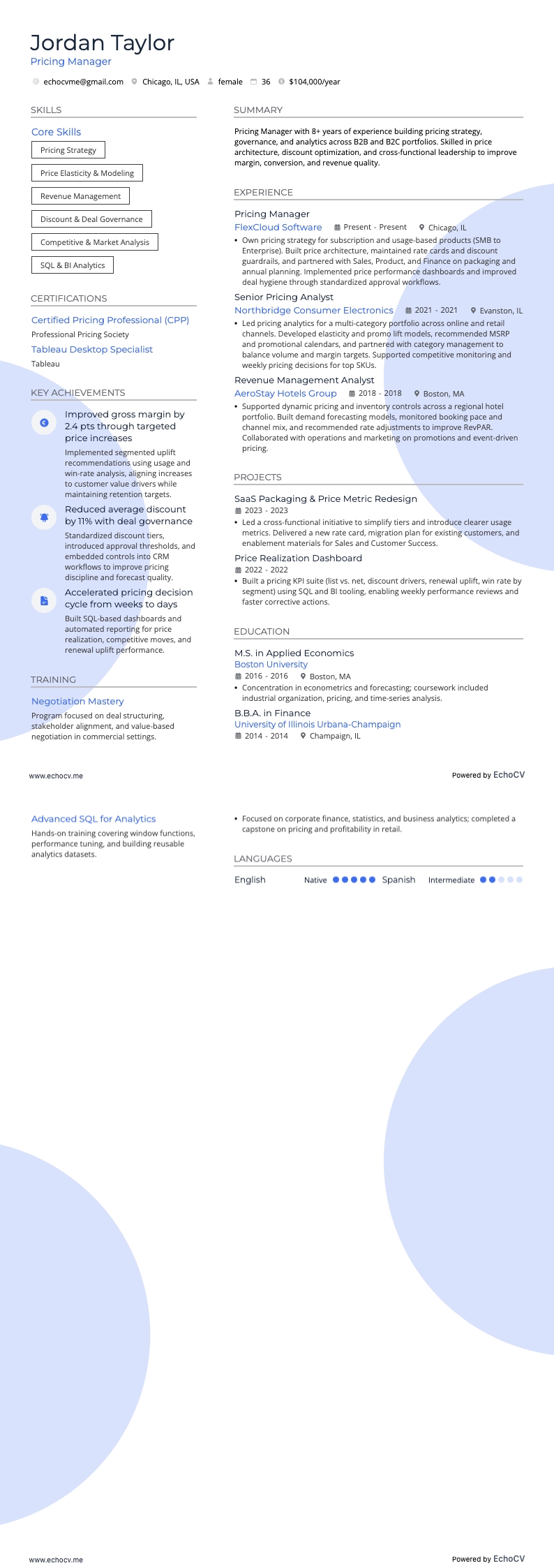 Gerente de Precios example resume