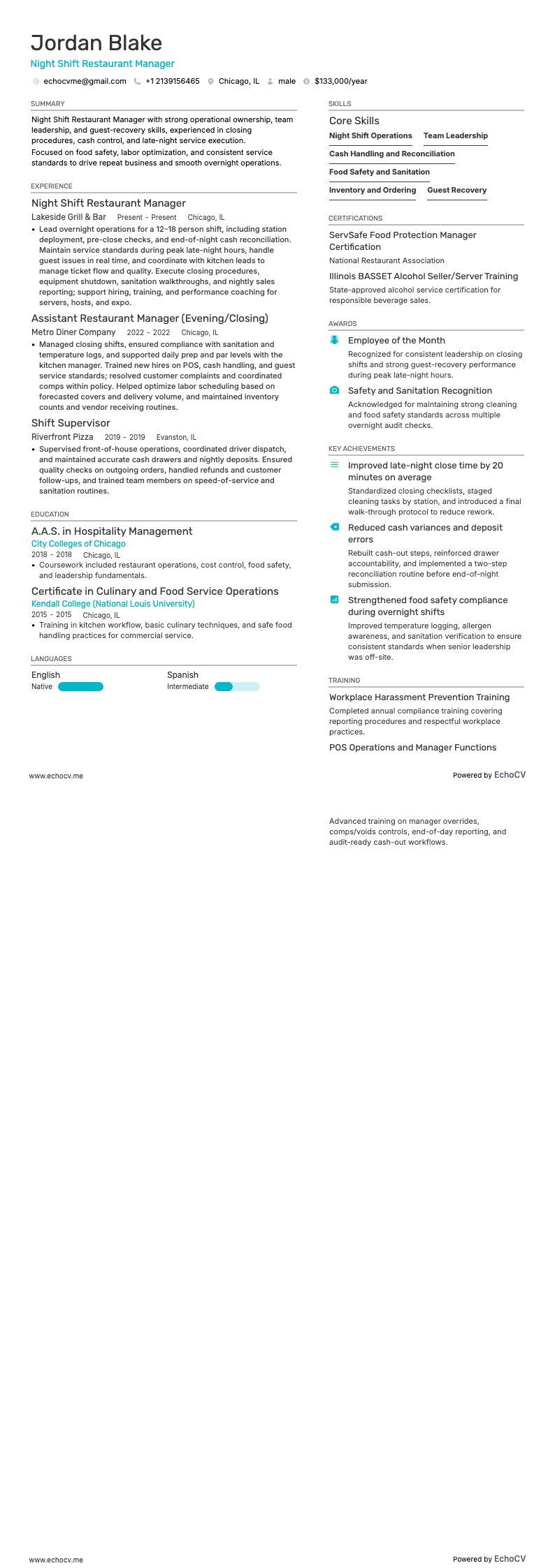 야간 근무 레스토랑 매니저 example resume