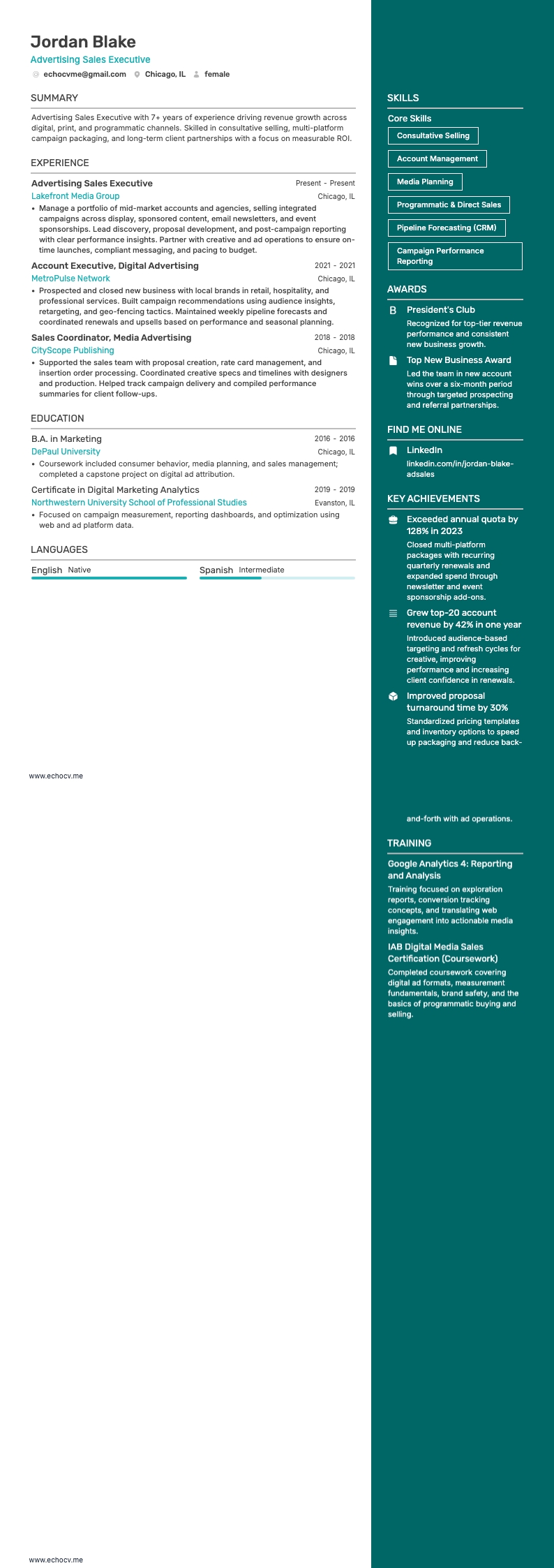 Advertising Sales Executive example resume