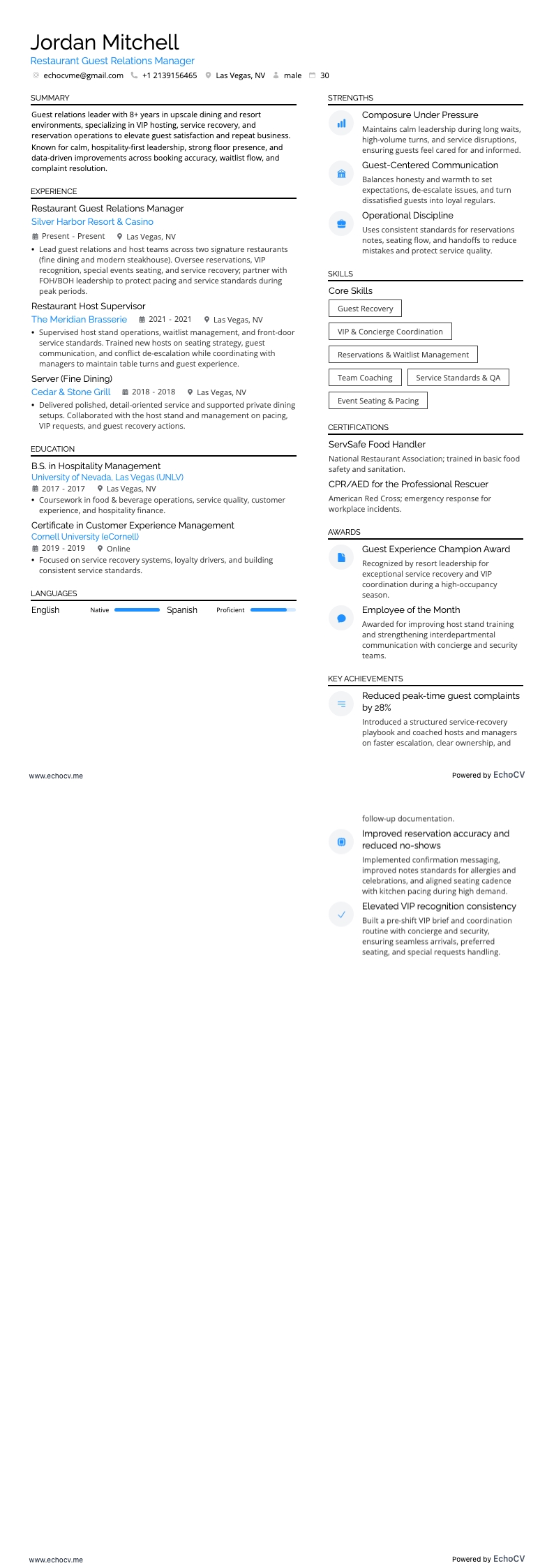레스토랑 고객 관계 관리자 example resume
