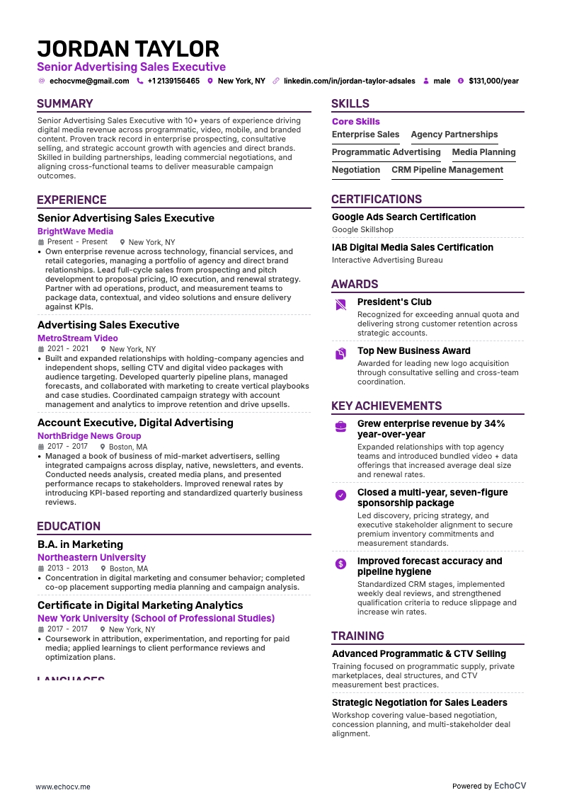 Senior Advertising Sales Executive example resume