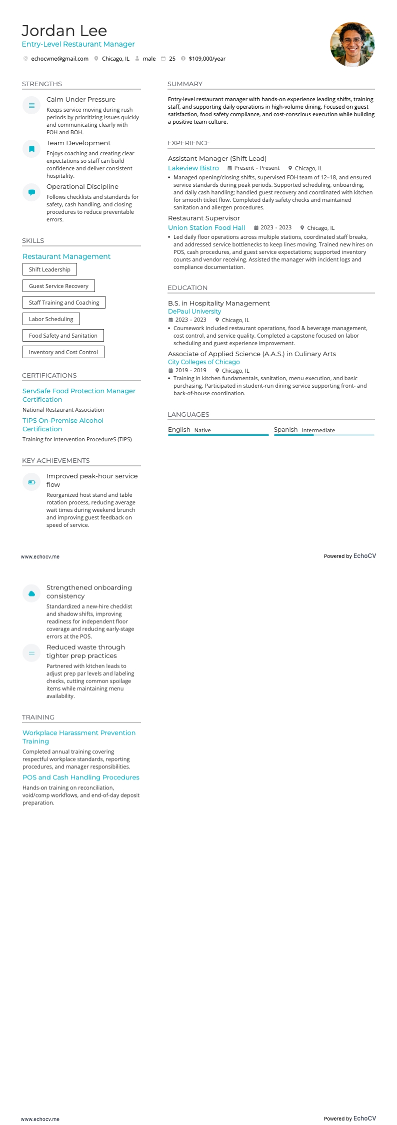 신입 레스토랑 매니저 example resume