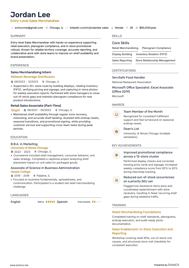 Verkaufsmerchandiser für Berufseinsteiger example resume