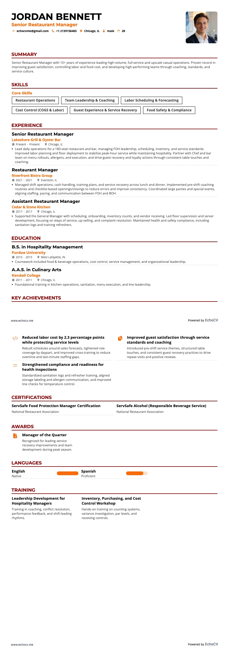 수석 레스토랑 매니저 example resume