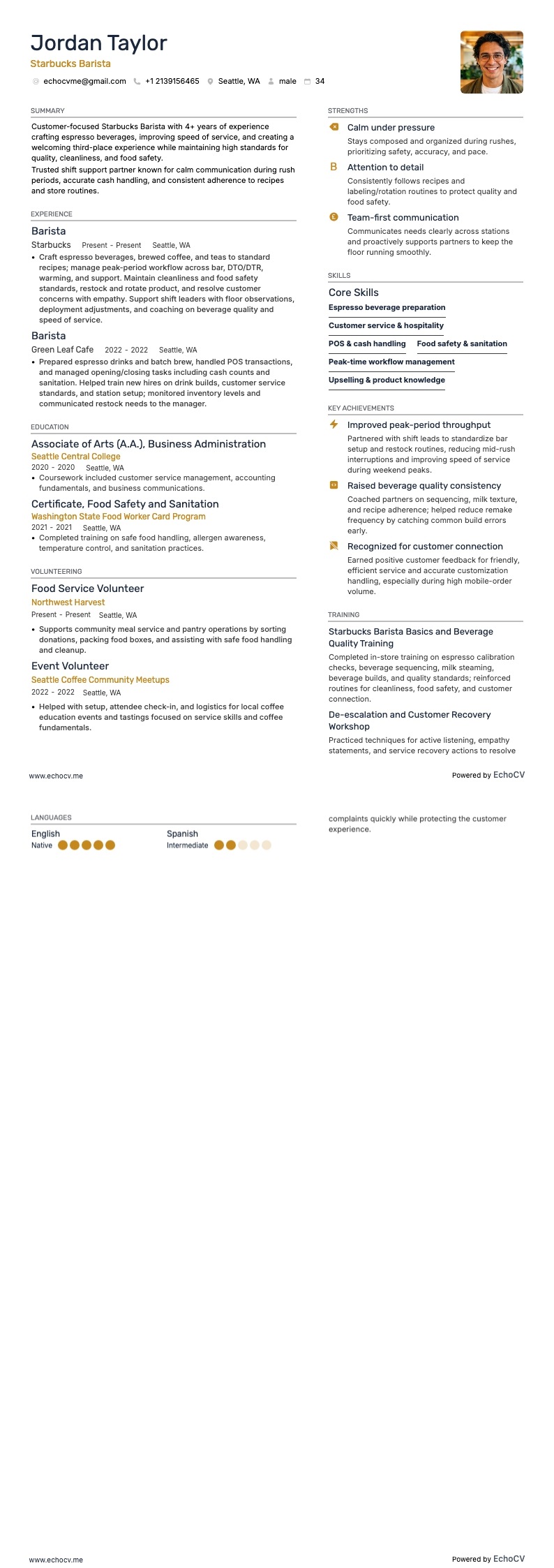 Starbucks Barista example resume