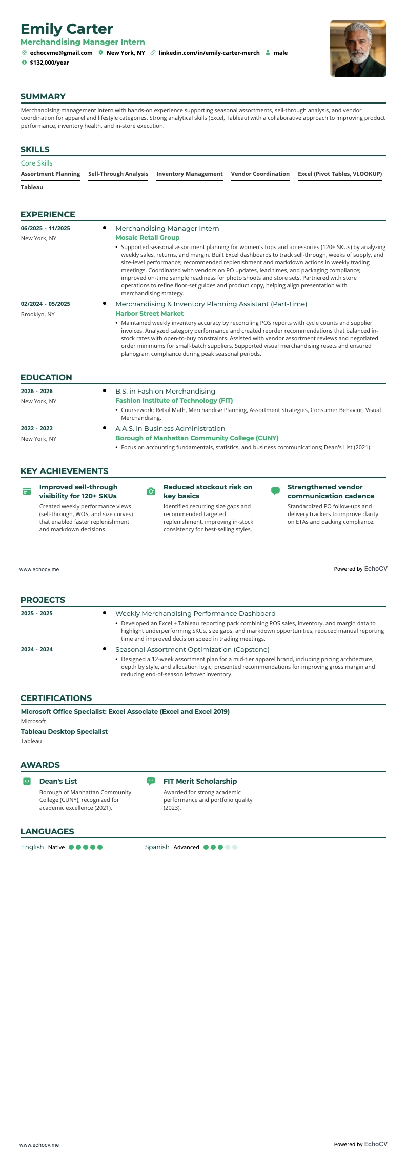 Praktikant Merchandising-Management example resume
