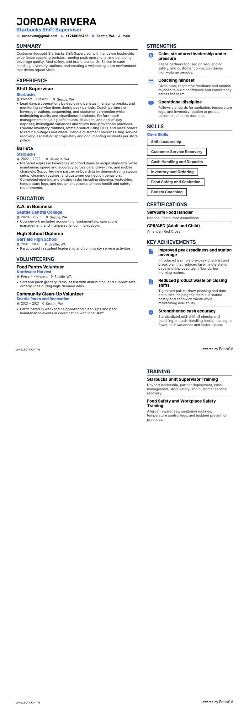 Starbucks Shift Supervisor example resume