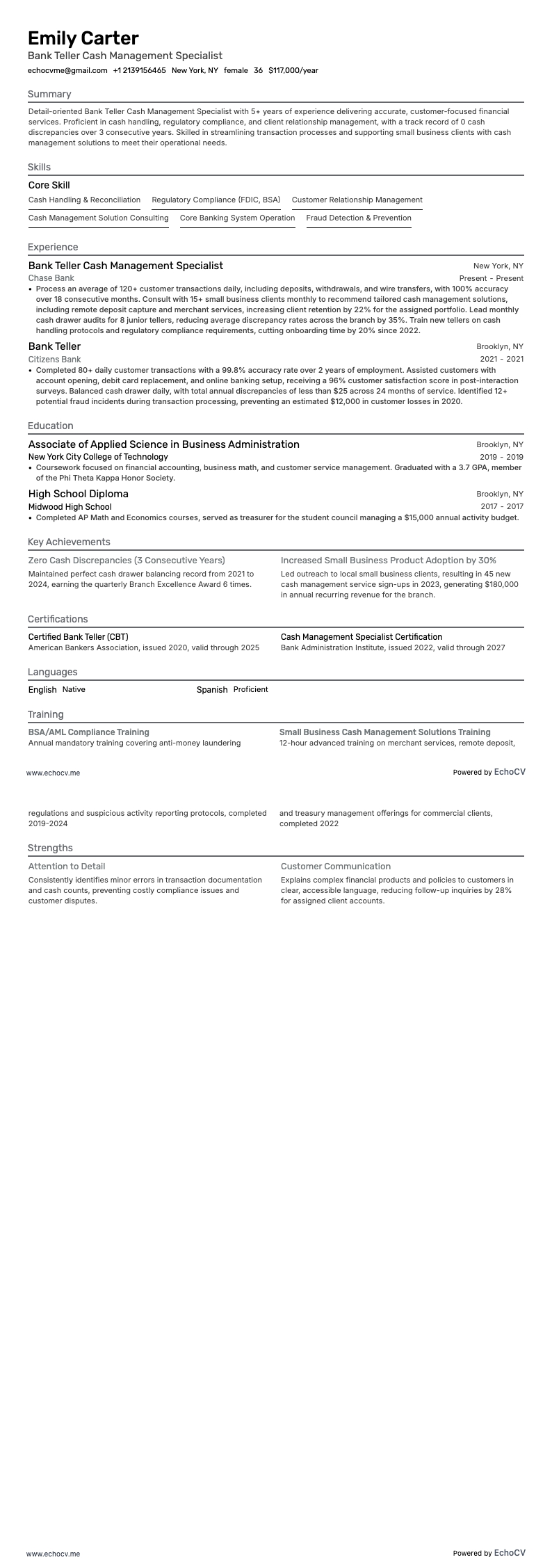 Bank Teller Cash Management Specialist example resume